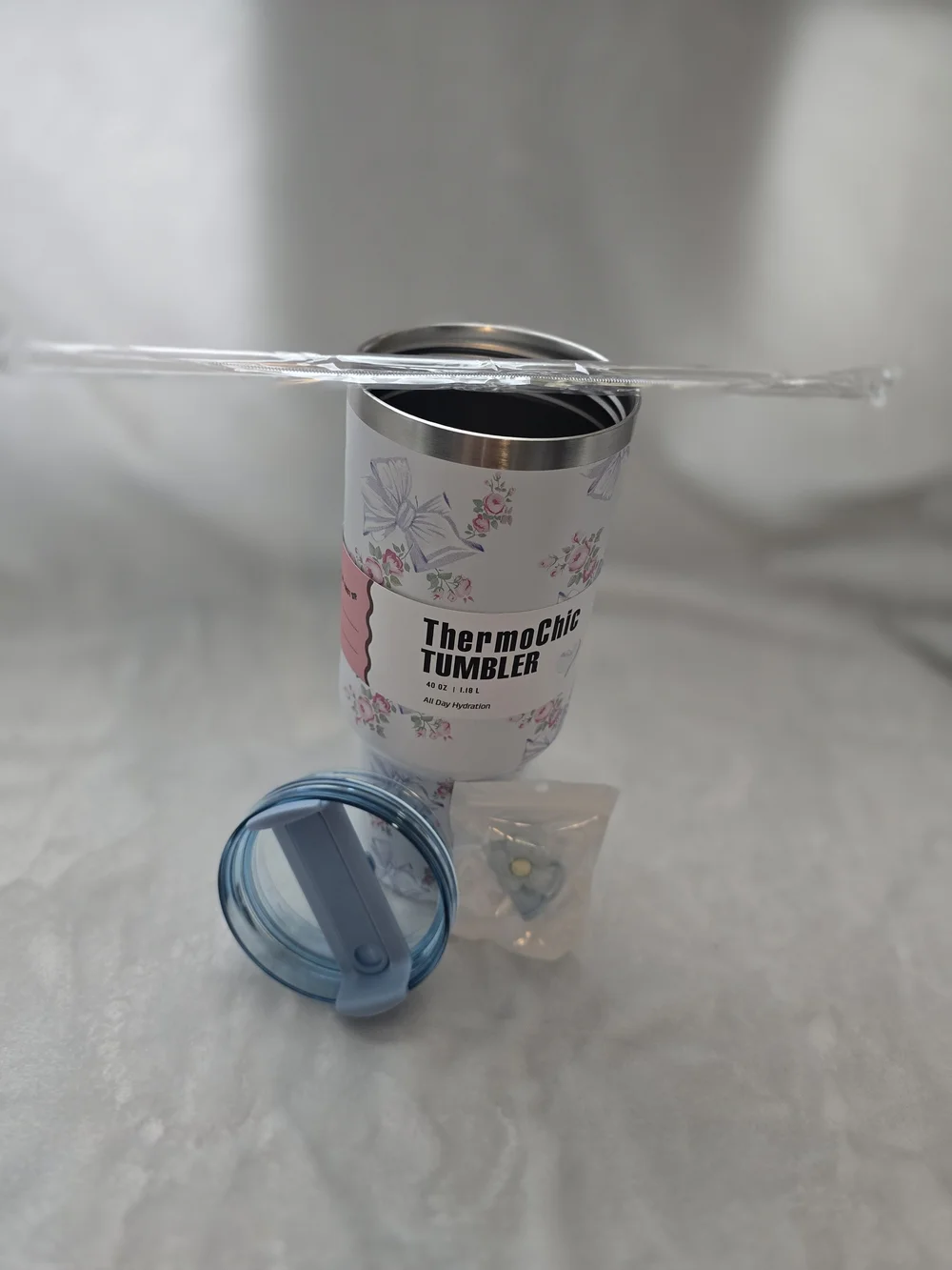 ThermoChic Floral Stainless Steel Tumbler - Light Blue Lid